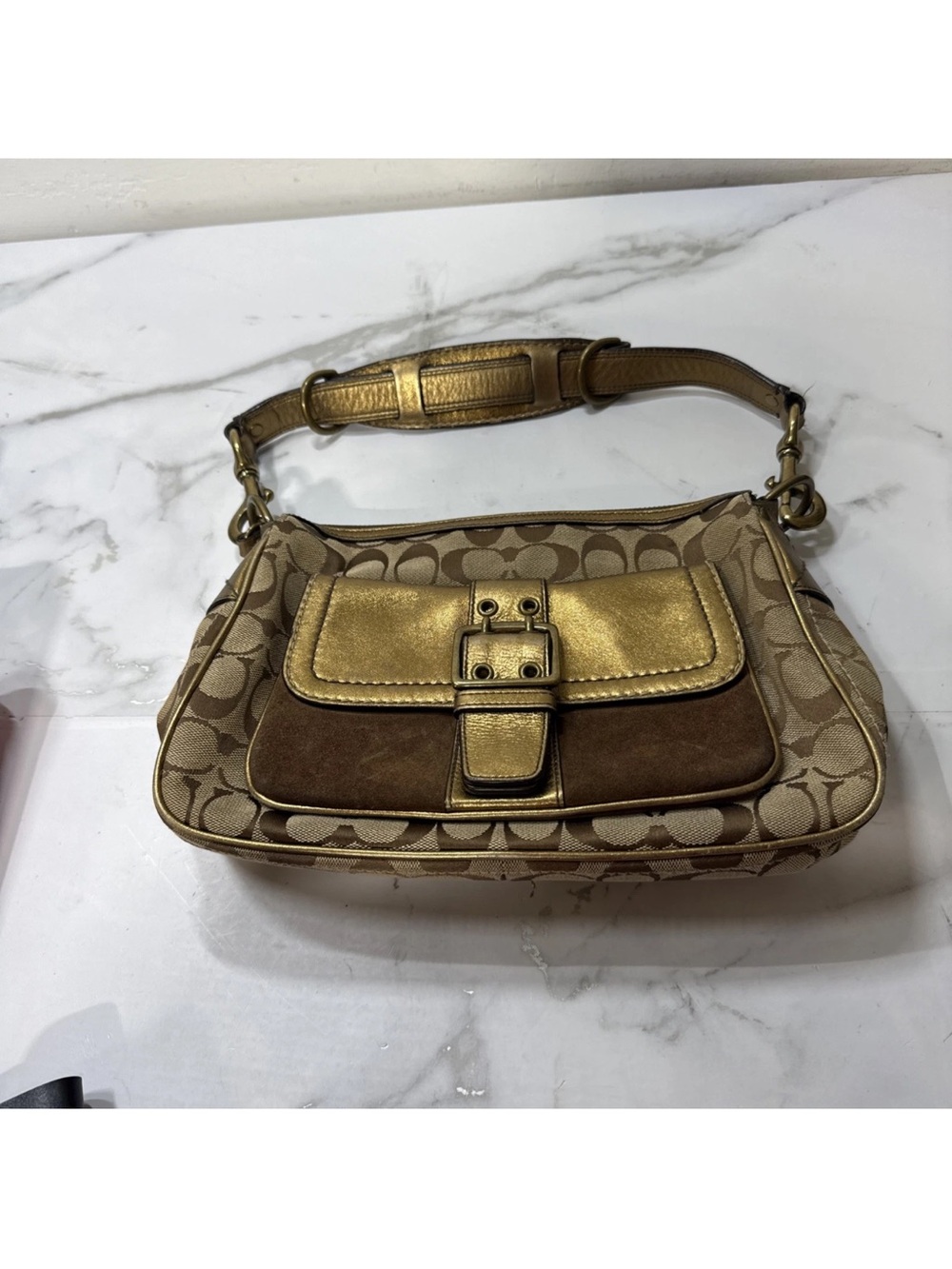 Coach 1496 Special Edition 2004 Signature Gold Suede Shoulder Bag Y2K Vintage